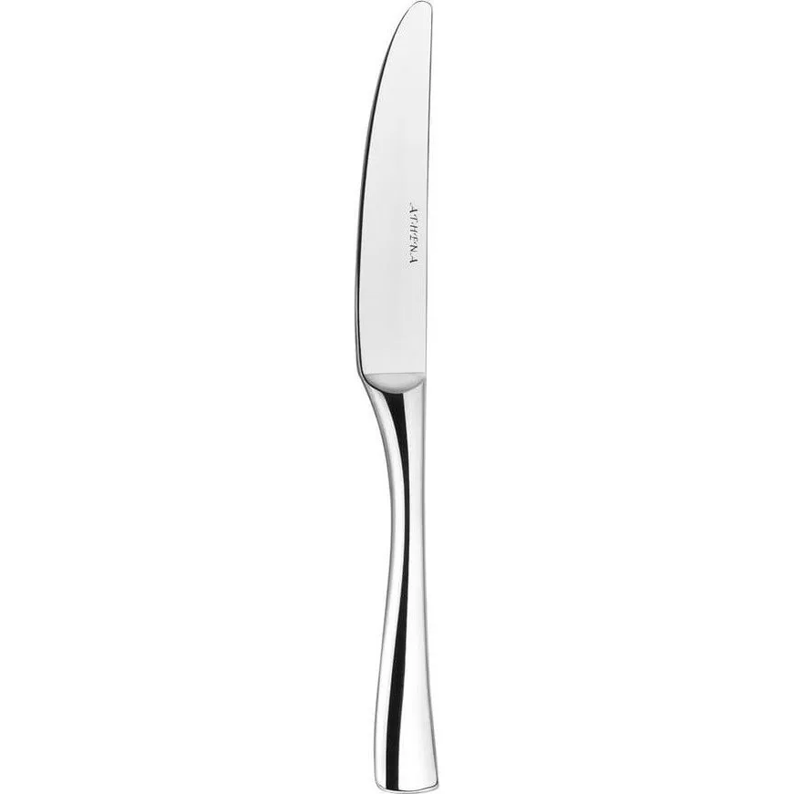 Athena Hugo Dessert Knife close-up side profile showing the polished stainless steel blade with vertical engraving and solid handle.