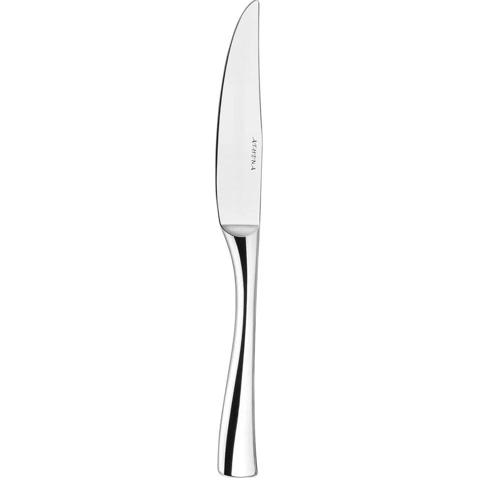 Close-up of the Athena Hugo Steak Knife showing the solid stainless steel handle and engraved brand name on the blade.