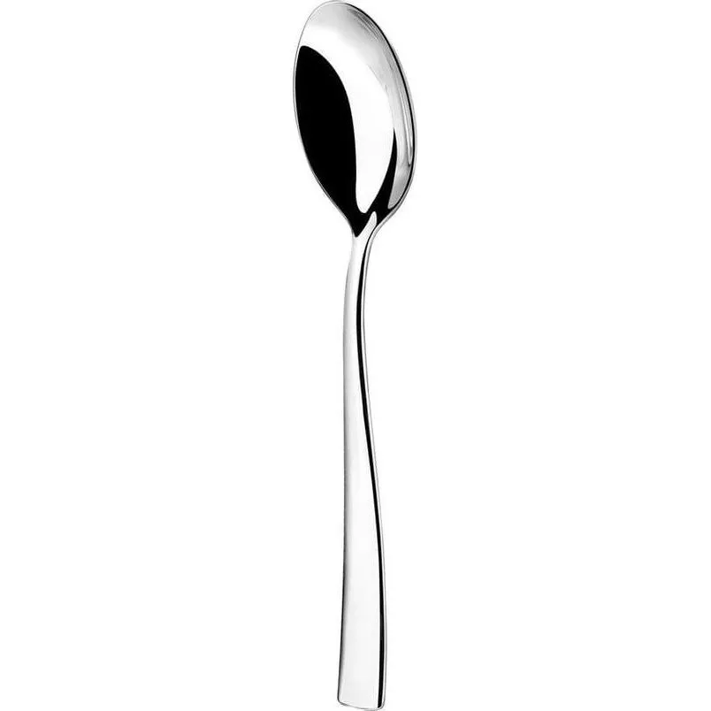 Athena Hugo Table Spoon-18/10 in a close-up side profile, showing the deep oval bowl and slender curved handle of the polished stainless steel cutlery.