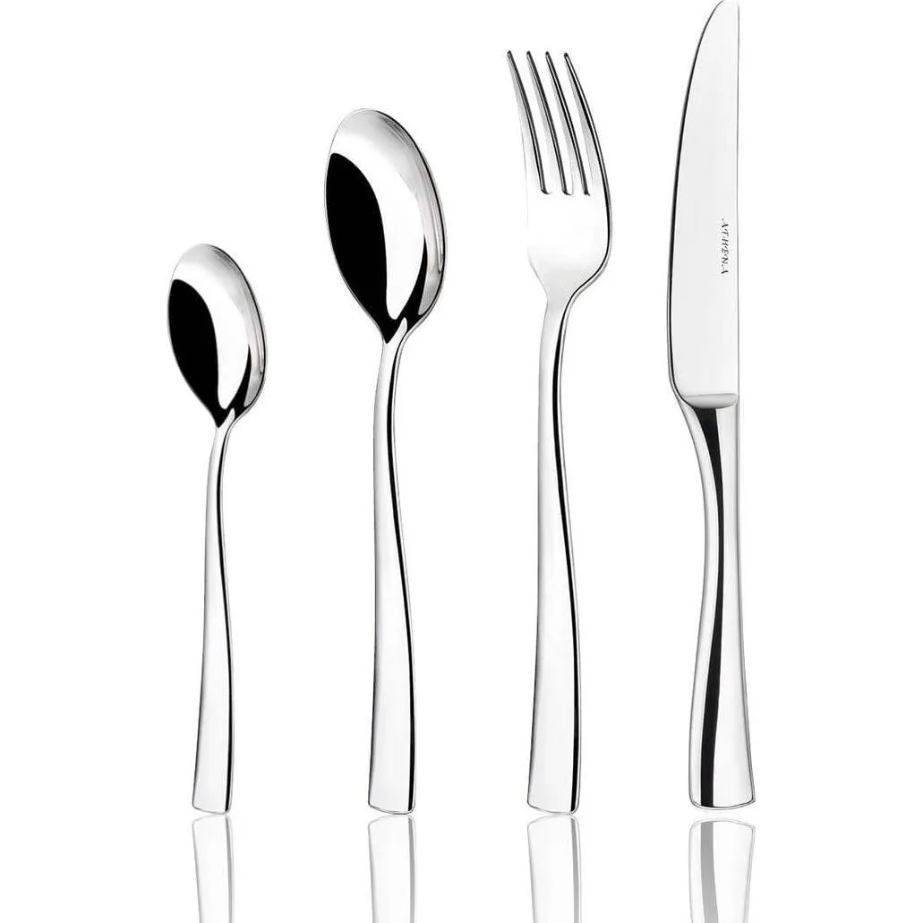 Athena Hugo 18/10 table spoon set in a row, showing the wavy stainless steel handles and engraved brand name on the knife.