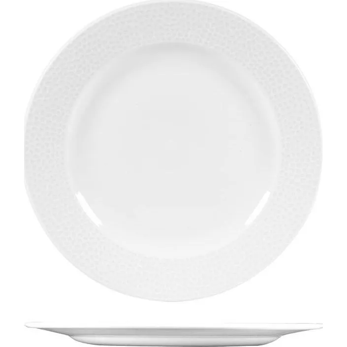 Churchill Round Wide Rim Plate top-down and side view showing white textured rim and smooth glossy center