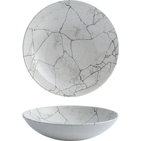 Churchill Round Coupe Bowl in white with grey cracked-stone pattern, shown from top-down and side angles