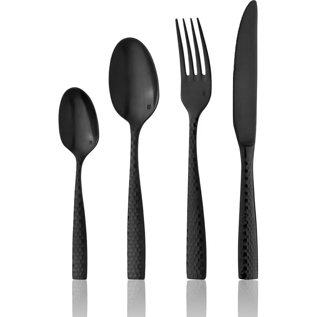 Fortessa Lucca Faceted Dessert Spoon in a four-piece matte black set with woven basket-weave handles