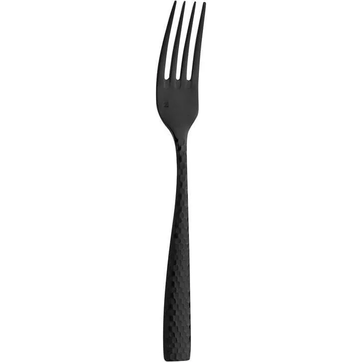 Close-up of the Lucca Faceted Table Fork-18/10 by Fortessa, showing the matte black finish and stamped F logo on the neck.