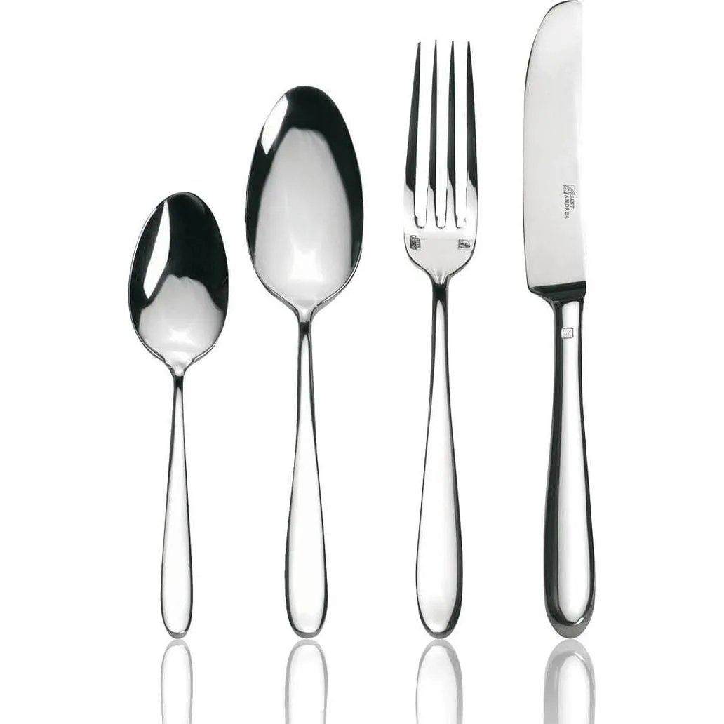 Sant'Andrea Mascagni teaspoon in a four-piece cutlery set, close-up of polished 18/10 stainless steel with engraved logo