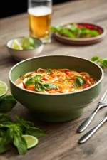 Luzerne Smokey Basil round bowl in use, filled with noodle soup and garnished with basil and red chilli on a wooden table.