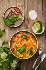 Luzerne Smokey Basil share bowl in use, filled with noodle dish and garnishes on a wooden table