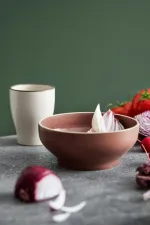 Luzerne Smokey Plum round bowl in use, filled with sliced red onion, showing matte reddish-brown ceramic and pale cream rim.