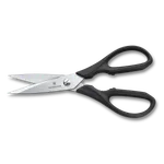 Close-up of Victorinox Multipurpose Kitchen Shears with open polished stainless steel blades and matte black ergonomic handles.