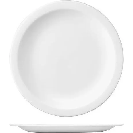 Churchill Round Narrow Rim Plate 305mm in white ceramic, shown from top and side views to display its shallow depth and curved profile.