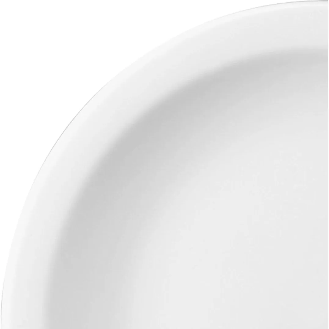Close-up of the upper-left corner of a Churchill Round Narrow Rim Plate, showing the white ceramic rim and glossy finish.