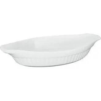 Side profile of the Duraceram Oval Au Gratin-Ribbed 250mm dish, showing white ceramic with vertical ribs and flared rim spouts.