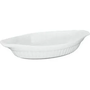 Side profile of the Duraceram Oval Au Gratin-Ribbed dish, showing its white ceramic exterior with vertical ribs and two pouring spouts.