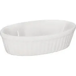 Close-up of the white oval Duraceram casserole dish showing its glossy ceramic finish and fluted exterior texture.