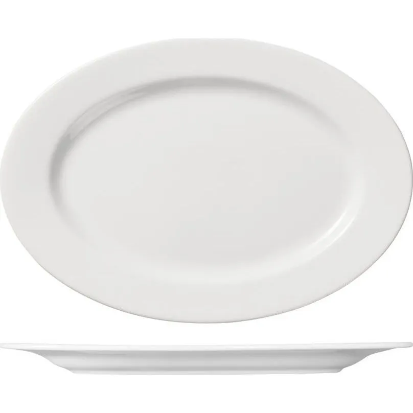 Ariane Oval Plate Wide Rim 320mm in white ceramic, shown from top and side views to display the wide flat rim and shallow depth.