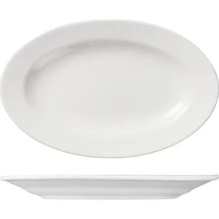 Ariane Oval Plate Wide Rim 170mm in glossy white, shown from top and side views to reveal the broad rim and low profile.