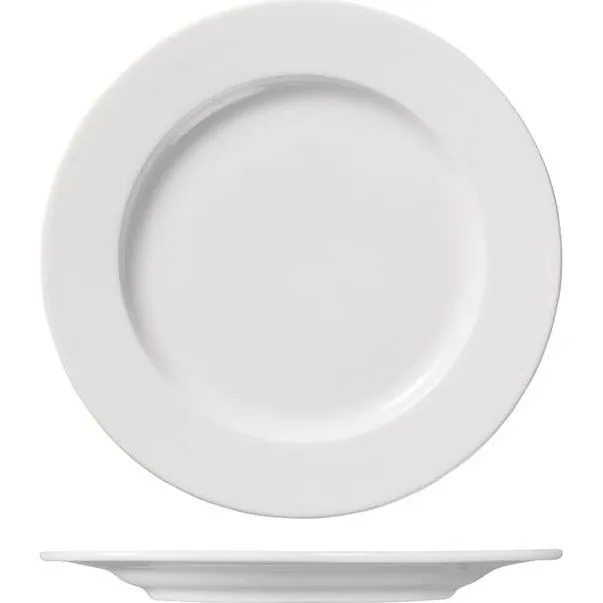 Ariane Round Plate Wide Rim 210mm in glossy white, shown from top-down and side angles to reveal the broad rim and low profile.