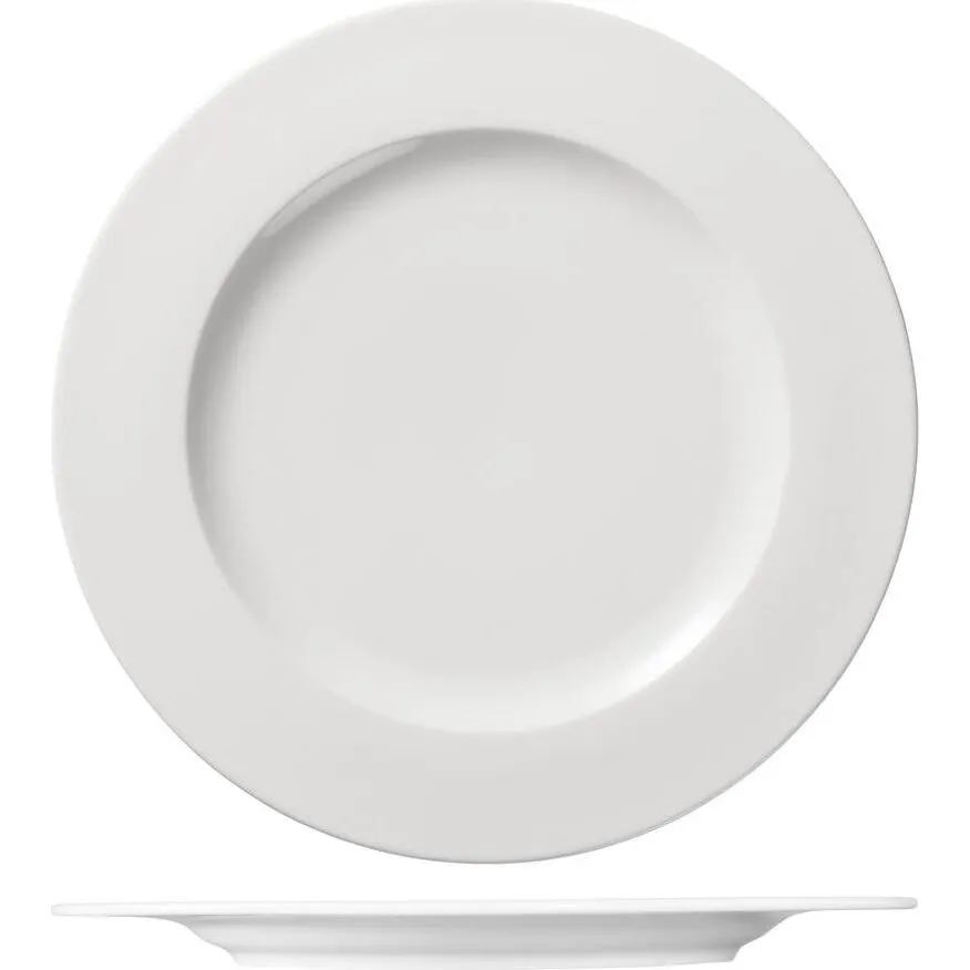 Ariane Round Plate Wide Rim 310mm in white ceramic, shown from top and side views to display the wide flat rim and shallow depth.