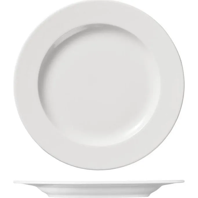 Ariane Round Plate Wide Rim 230mm in white ceramic, shown in top-down and side profile views revealing the wide rim and foot ring.
