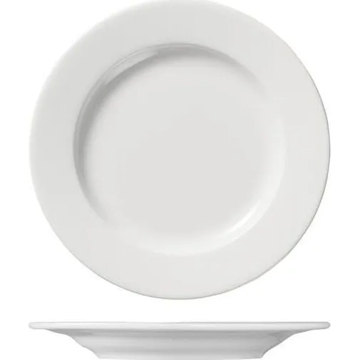 Ariane Round Plate Wide Rim 170mm in white ceramic, shown from top-down and side angles to reveal the wide flat rim and shallow well.