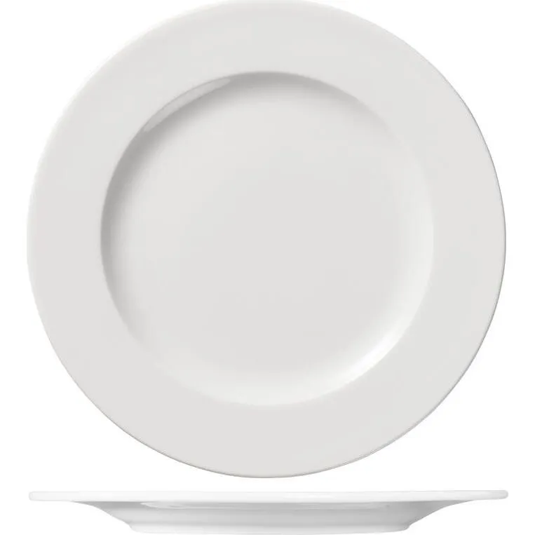 Ariane Round Plate Wide Rim 270mm in glossy white ceramic, shown from top-down and side profile angles.