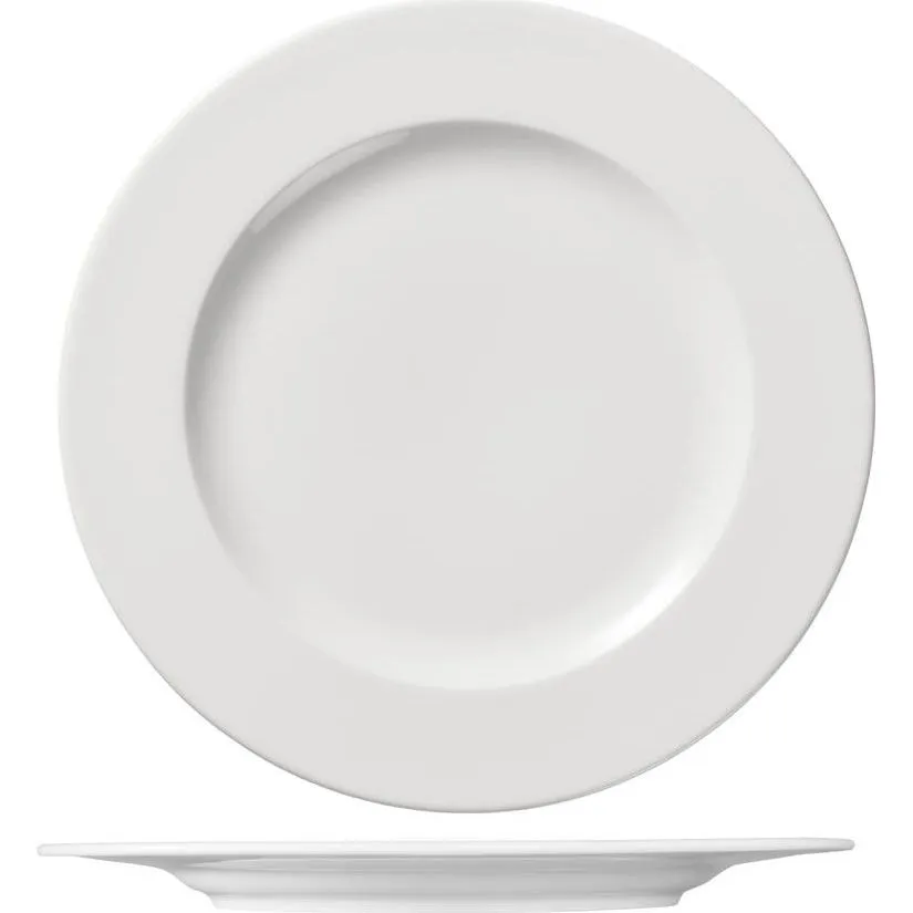 Ariane Round Plate Wide Rim 290mm in white ceramic, shown from top and side to display its shallow depth and curved base.