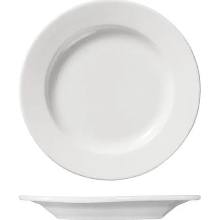 Ariane Round Plate Wide Rim 150mm shown in top-down and side profile views, revealing the wide flat rim and shallow depth of the glossy white ceramic.