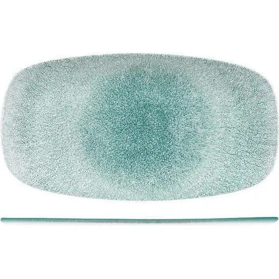 Churchill Oblong Chefs Plate top-down and side view showing crackle-glazed sea-green and blue-grey ceramic finish