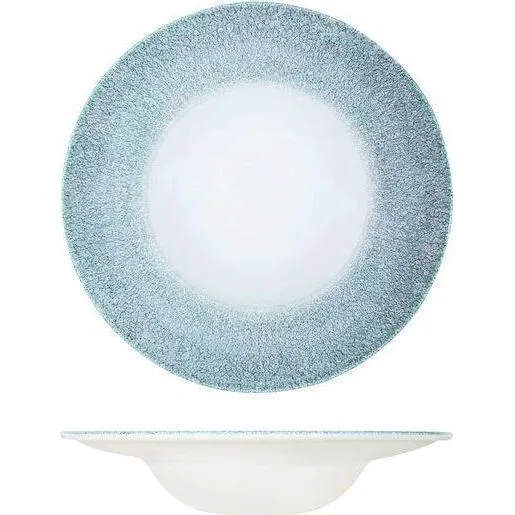 Churchill Round Wide Rim Bowl 280mm, top-down and side view showing mottled pale blue-grey textured rim and smooth white interior.