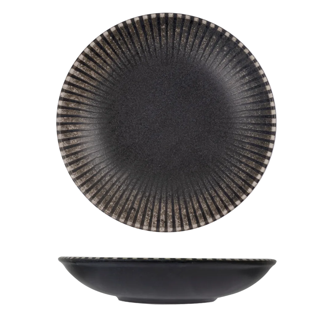 Id Fine Share Bowl Coupe in dark speckled matte finish, shown from top and side views highlighting radial ridges and deep curved profile.