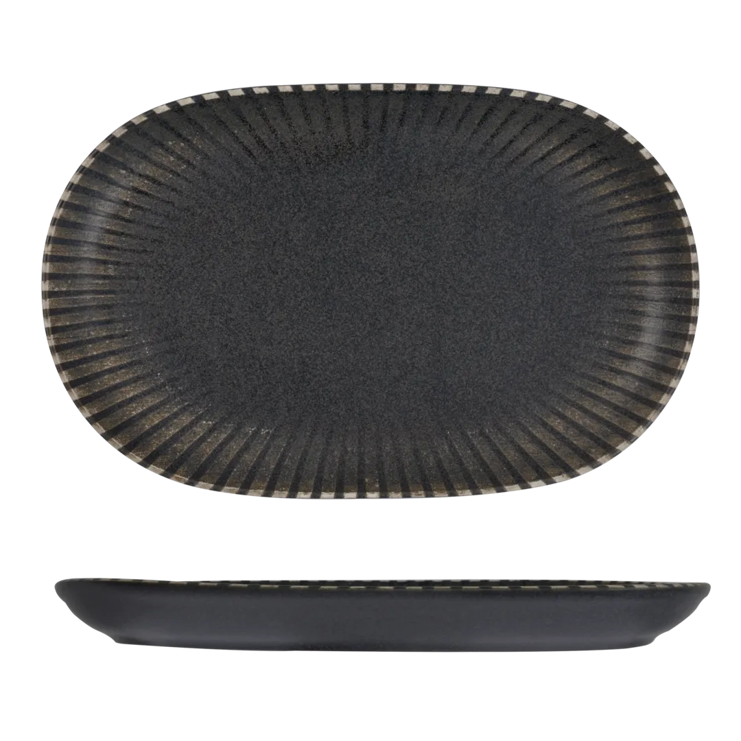 Id Fine Oval Platter Coupe, 370x240mm, shown from top and side angles, featuring a dark grey matte finish and fluted rim.
