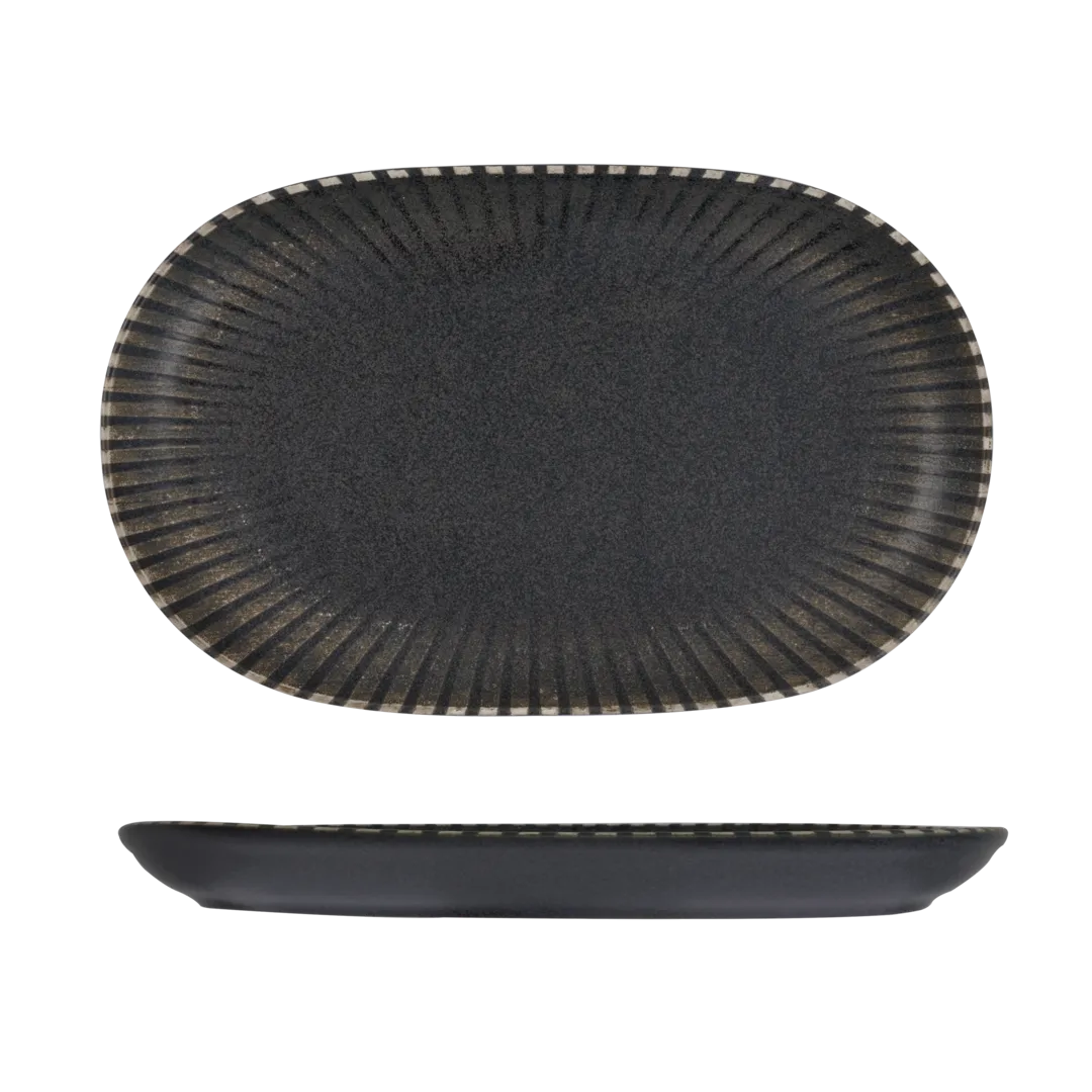 Id Fine Oval Platter Coupe, 330x210mm, shown from top and side angles, featuring a dark grey matte finish with a ribbed flared rim.