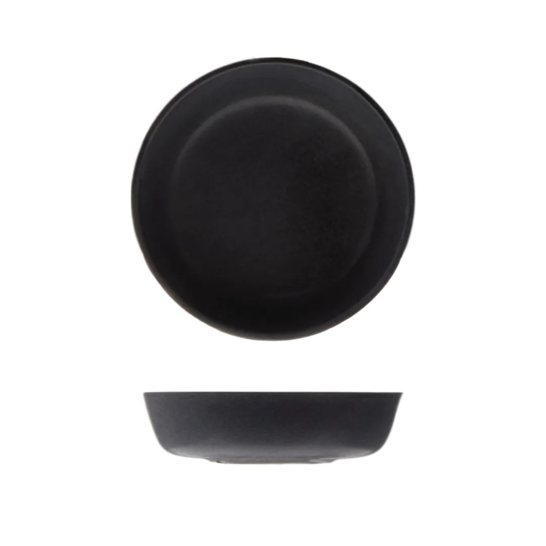 Matte black Id Fine Round Bowl 210mm 1170ml shown from top-down and side angles, revealing circular rim and gently sloping sides.