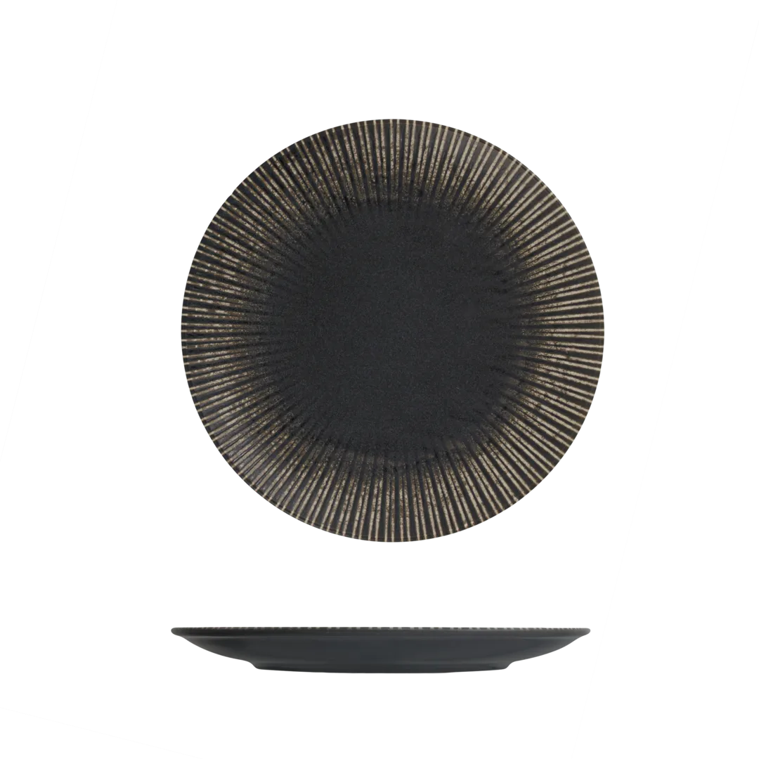 Id Fine Round Plate - Coupe, 230mm Ø, top-down and side views showing dark matte center and fluted rim