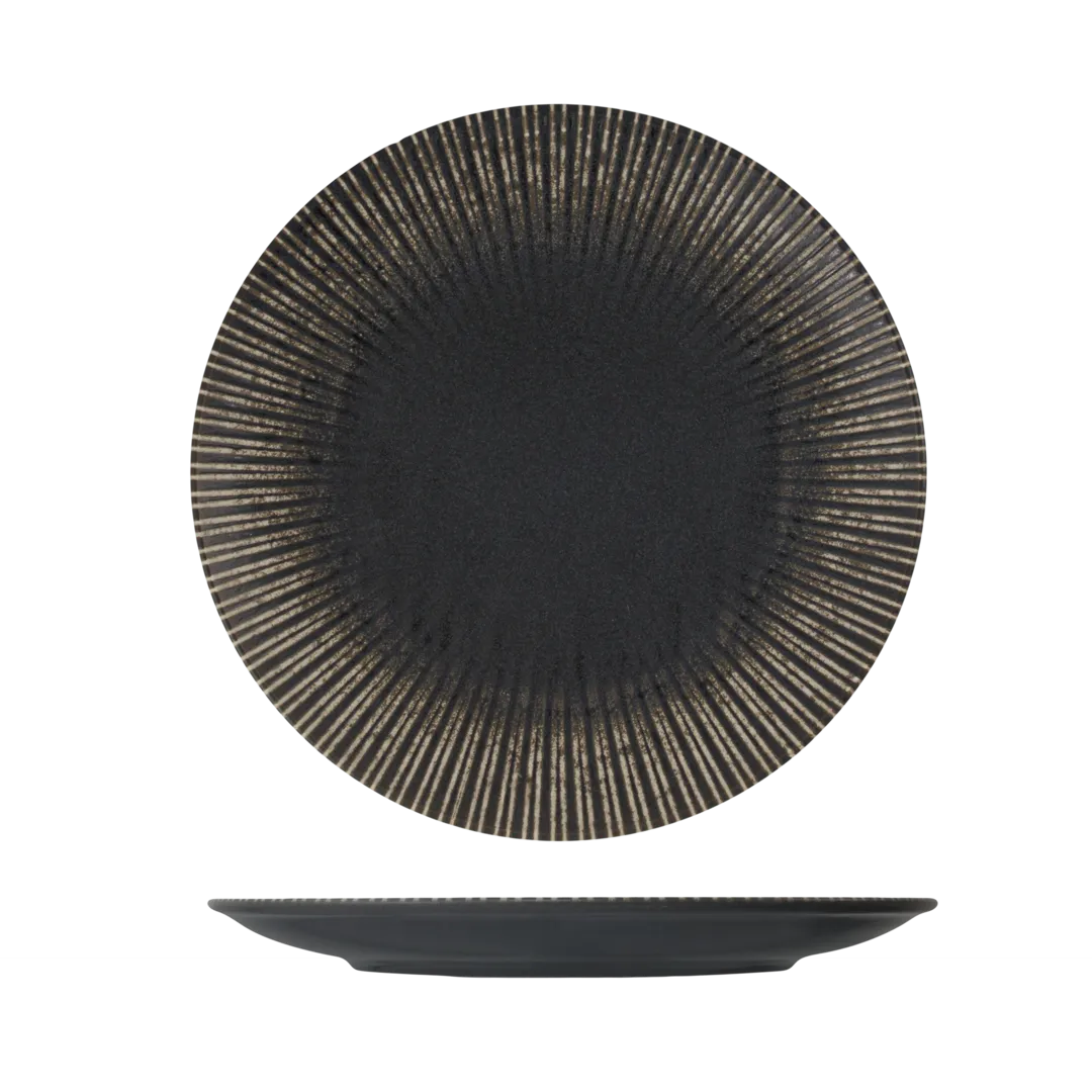 Reckless Round Plate - Coupe, 270mm by Id Fine, shown from top and side angles with a dark matte center and fluted rim.