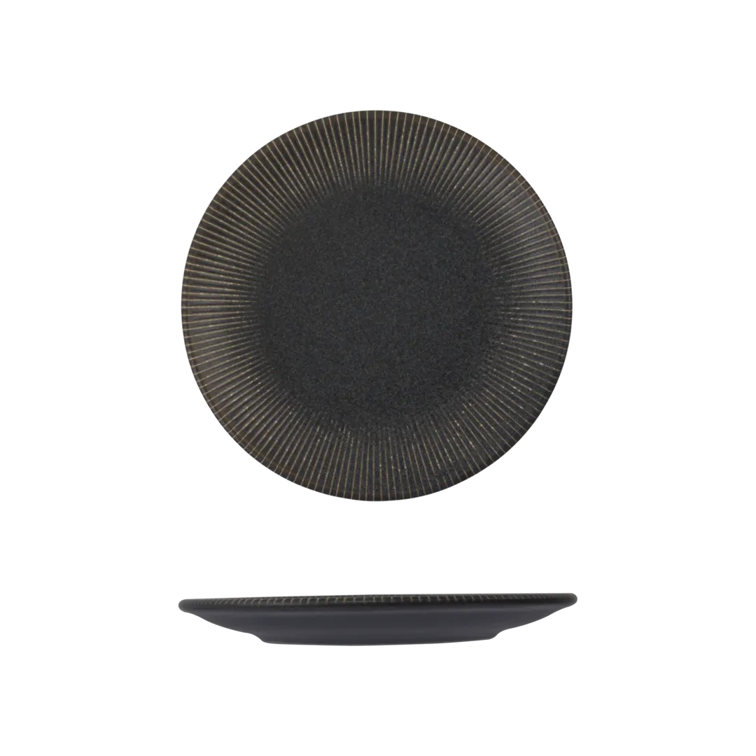 Round Plate - Coupe, 170mm Ø - Reckless by Id Fine, top-down and side view showing dark grey fluted rim and foot ring