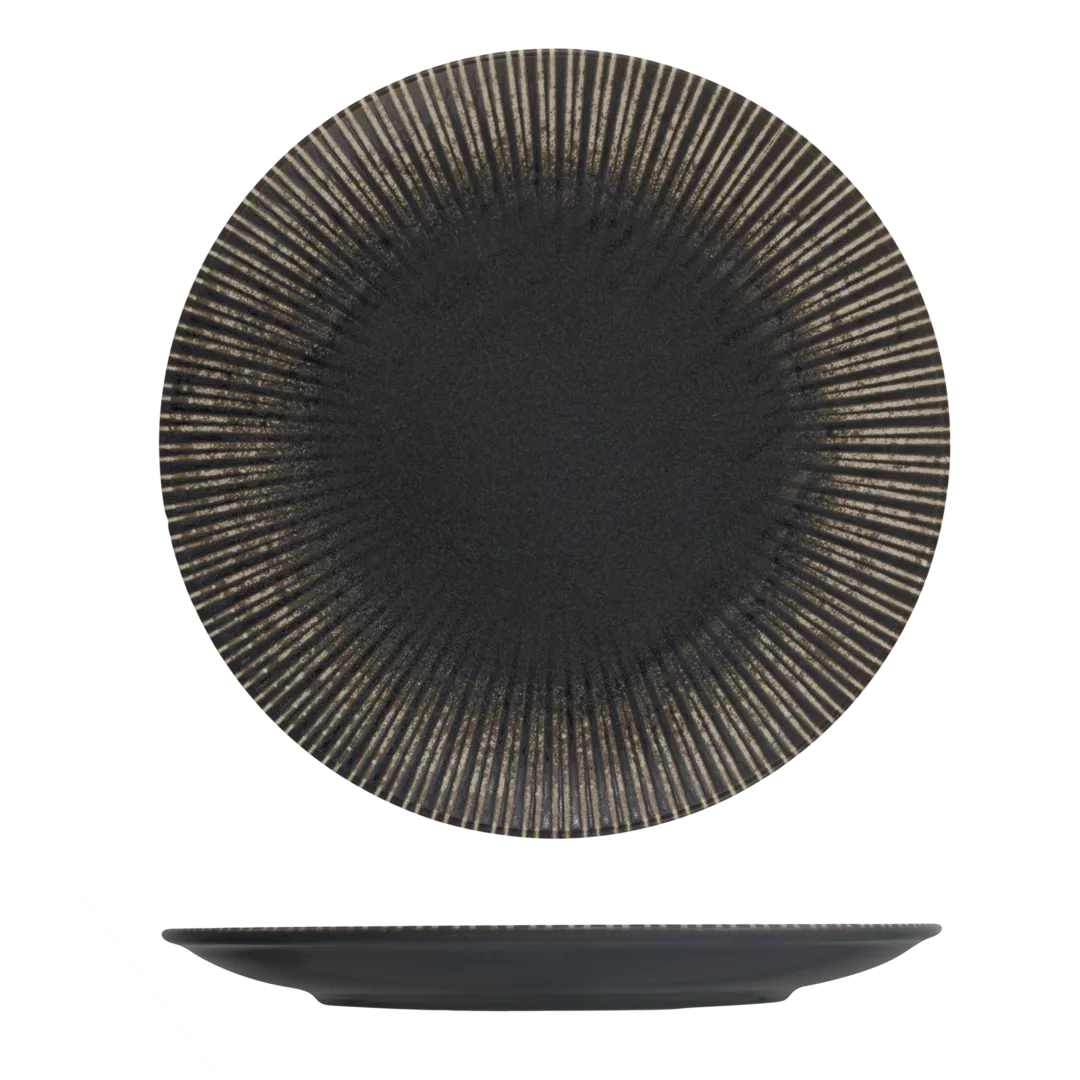 Reckless Round Plate - Coupe, 300mm, top-down and side views showing fluted rim and charcoal glaze