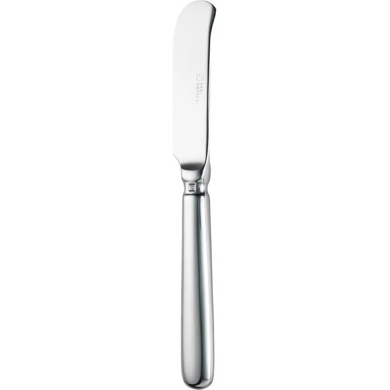Close-up profile of the Sant' Andrea Scarlatti stainless steel butter knife, showing the engraved brand name and square maker's mark at the bolster.