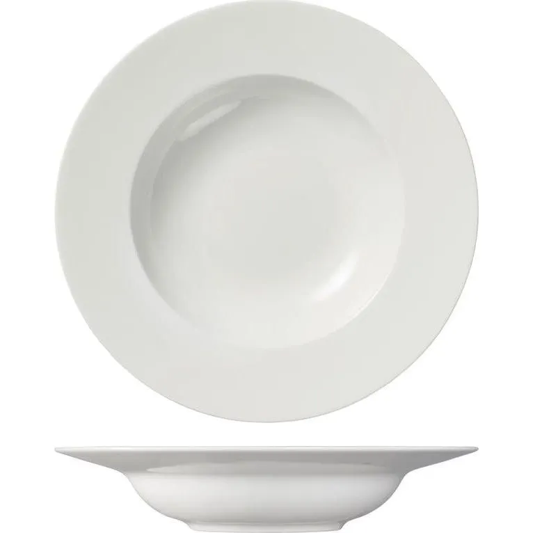 Ariane Round Bowl Wide Rim 235mm, top-down and side views showing glossy white finish and flared edge