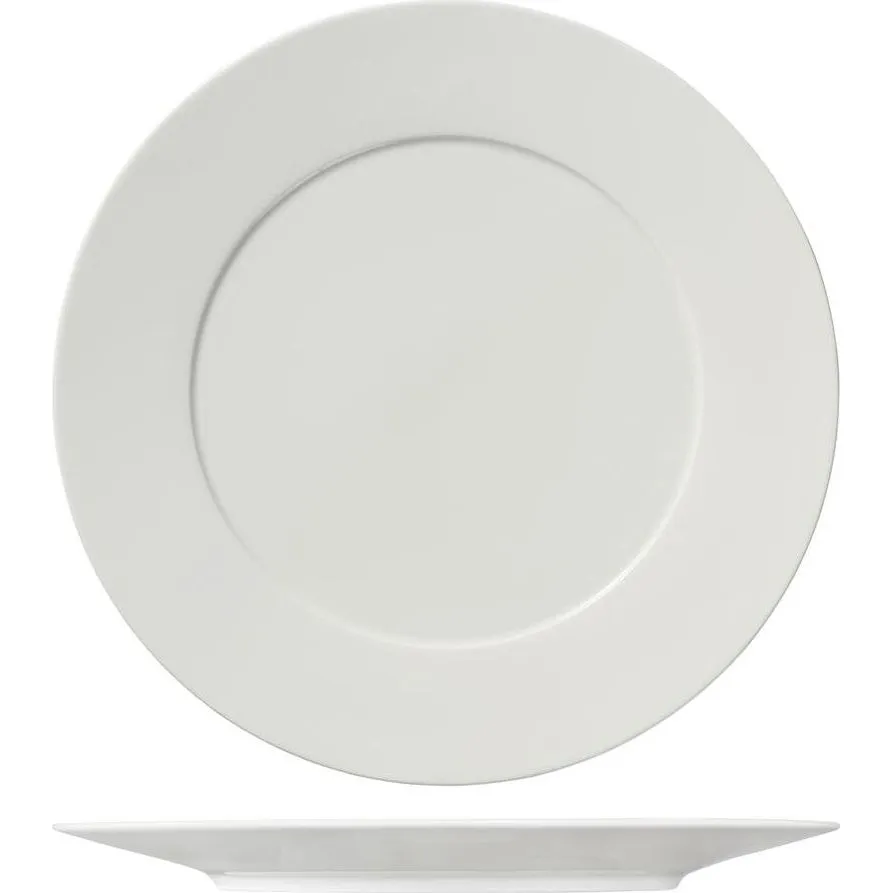 Ariane Round Plate Wide Rim 310mm in white ceramic, shown from top and side views to reveal its wide flat rim and shallow profile.