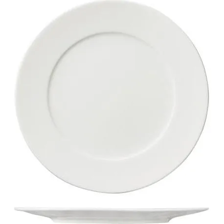 Ariane Round Plate Wide Rim 160mm in white ceramic, shown from top-down and side views to reveal its wide flat rim and shallow profile.
