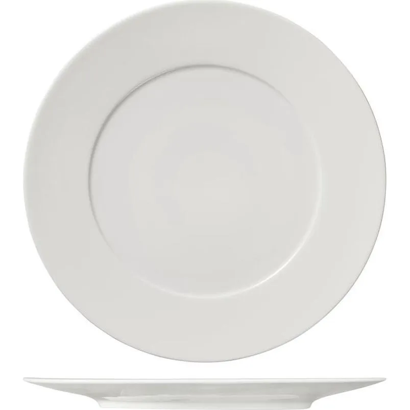 Ariane Round Plate Wide Rim 280mm in white, shown from a top-down and side profile angle to reveal its shallow, gently sloping form.