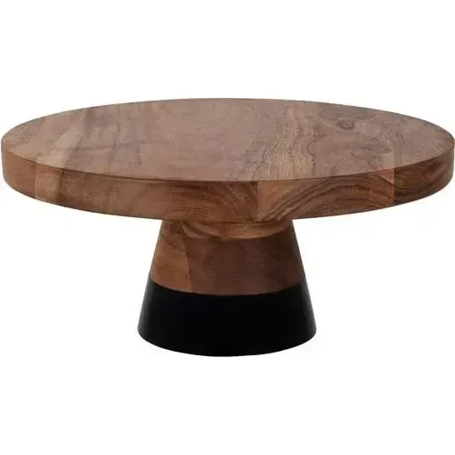 Serve Natural Acacia Round Cake Stand Black Boarder 300x140mm