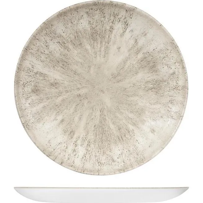 Churchill Round Coupe Plate top-down view showing cream ceramic with mottled grey pattern and shallow curved depth