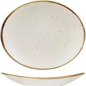 Churchill oval coupe plate in cream speckled ceramic with gold rim, shown from top-down and side profile angles