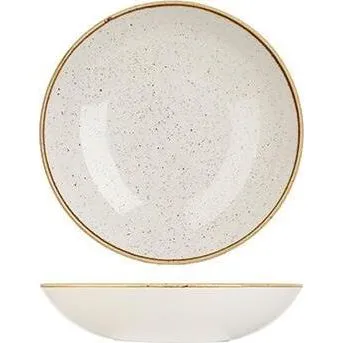 Churchill Round Coupe Bowl in speckled cream ceramic with a gold rim, shown from top-down and side profile angles.