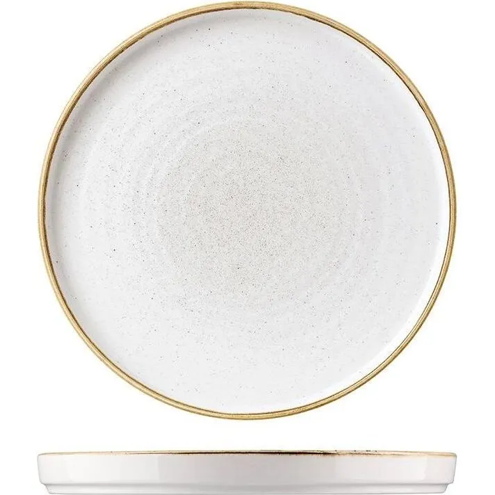 Churchill Round Walled Plate top-down and side views showing white speckled ceramic and gold rim