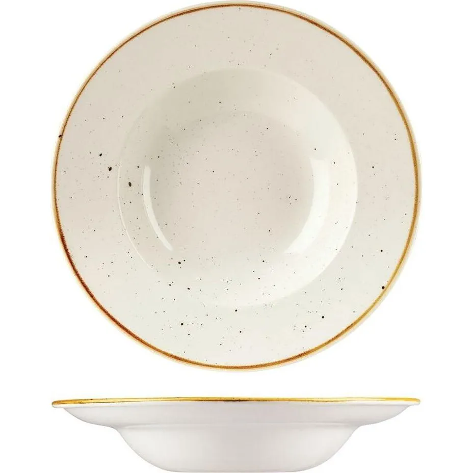Churchill Wide Rim Bowl 280mm in a two-view shot showing the speckled cream interior with gold rim and the flared white exterior profile.