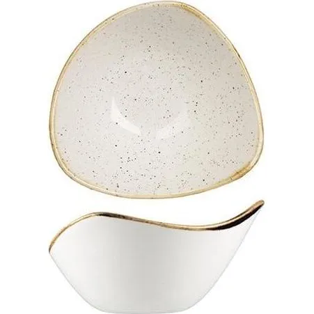 Churchill triangular bowl close-up showing speckled cream interior and gold rim on smooth white ceramic exterior