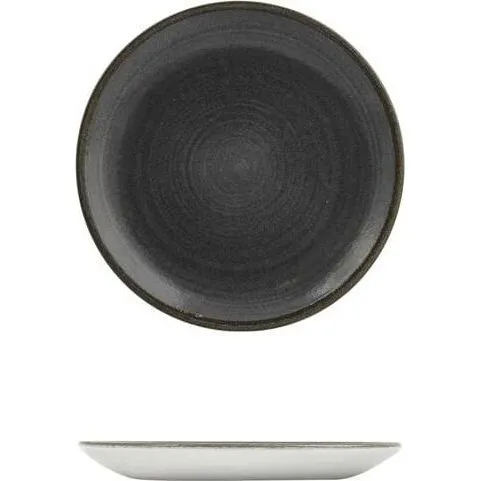 Churchill Round Plate-Coupe, 165mm, shown from top and side angles revealing a dark charcoal-grey interior with concentric rings and a light exterior base.